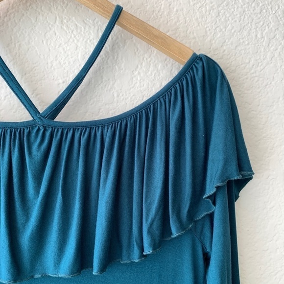 Chaser Teal Ruffle Open Shoulder Mini Dress M - Picture 6 of 11